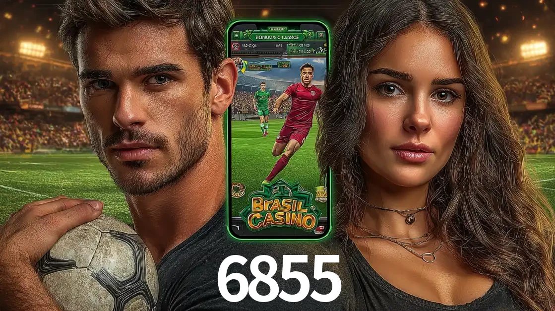 Homem segurando uma bola de futebol e uma mulher ao lado de um smartphone exibindo o jogo de apostas esportivas da 6855. Faça seu palpite no cassino online.