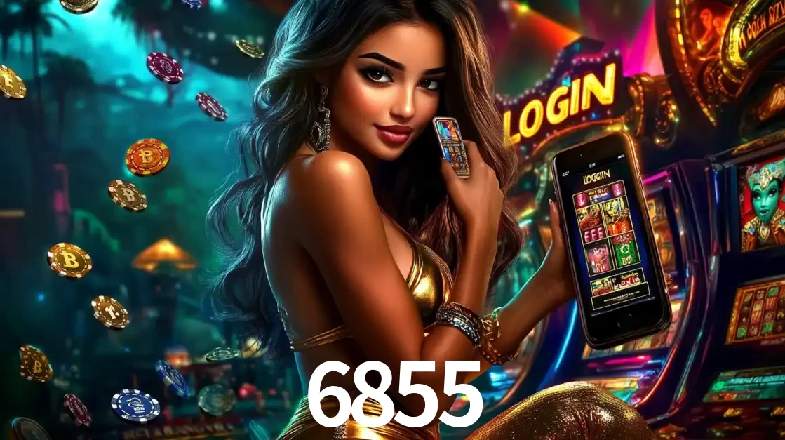 Mulher em um cenário de cassino temático de aventura, mostrando o app de caça-níqueis da 6855 no celular. Fichas de apostas flutuam ao redor.